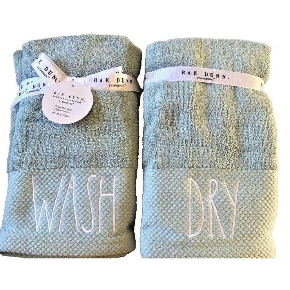Rae Dunn Hand Towels Wash Dry Bathroom Mineral Green Embroidered 16x30" Set of 2